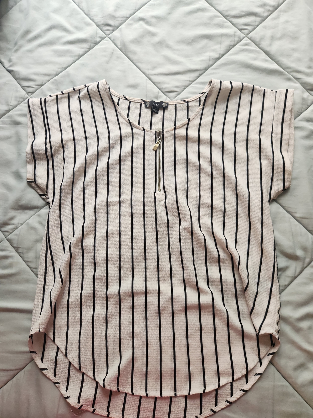 iris Cream Top with Black Vertical Stripes and Front Zip